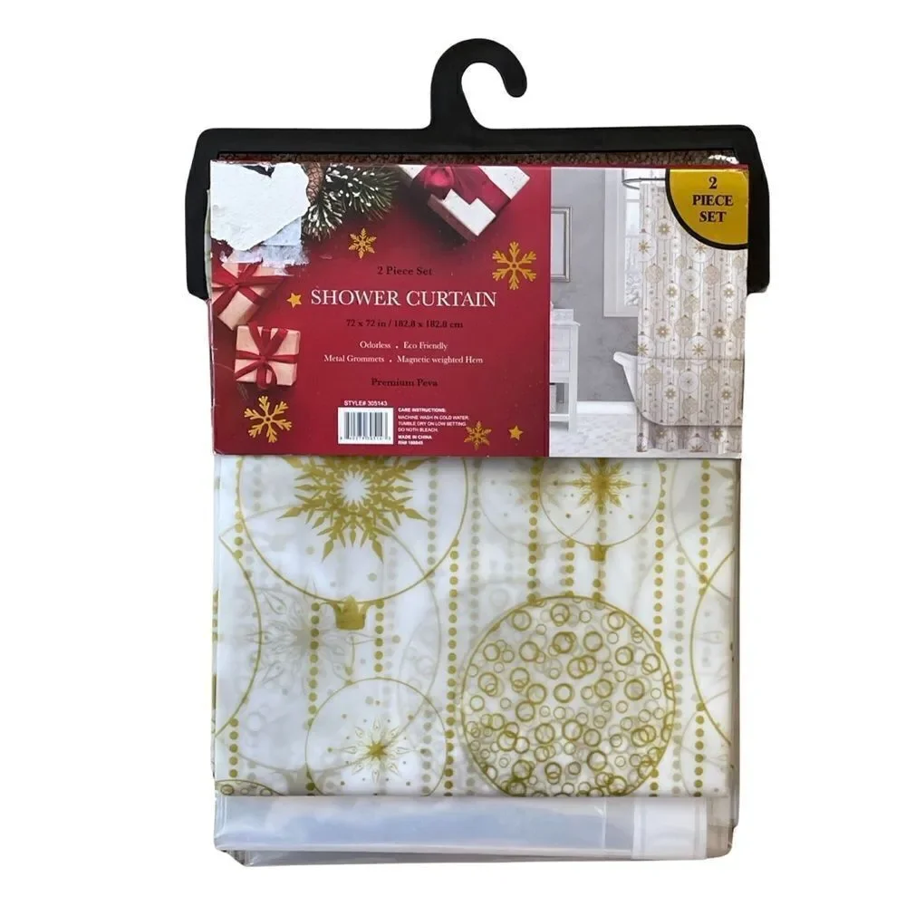 Shower Curtain 2 Piece Set Gold Metallic Holiday Ornaments Vinyl 72x72” NWT
